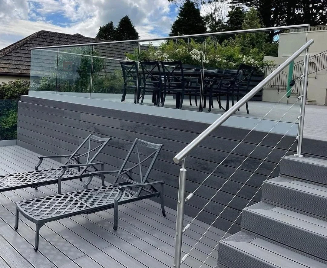 Frameless glass balustrade on decking with cable terrace, Sevenoaks outdoor installation